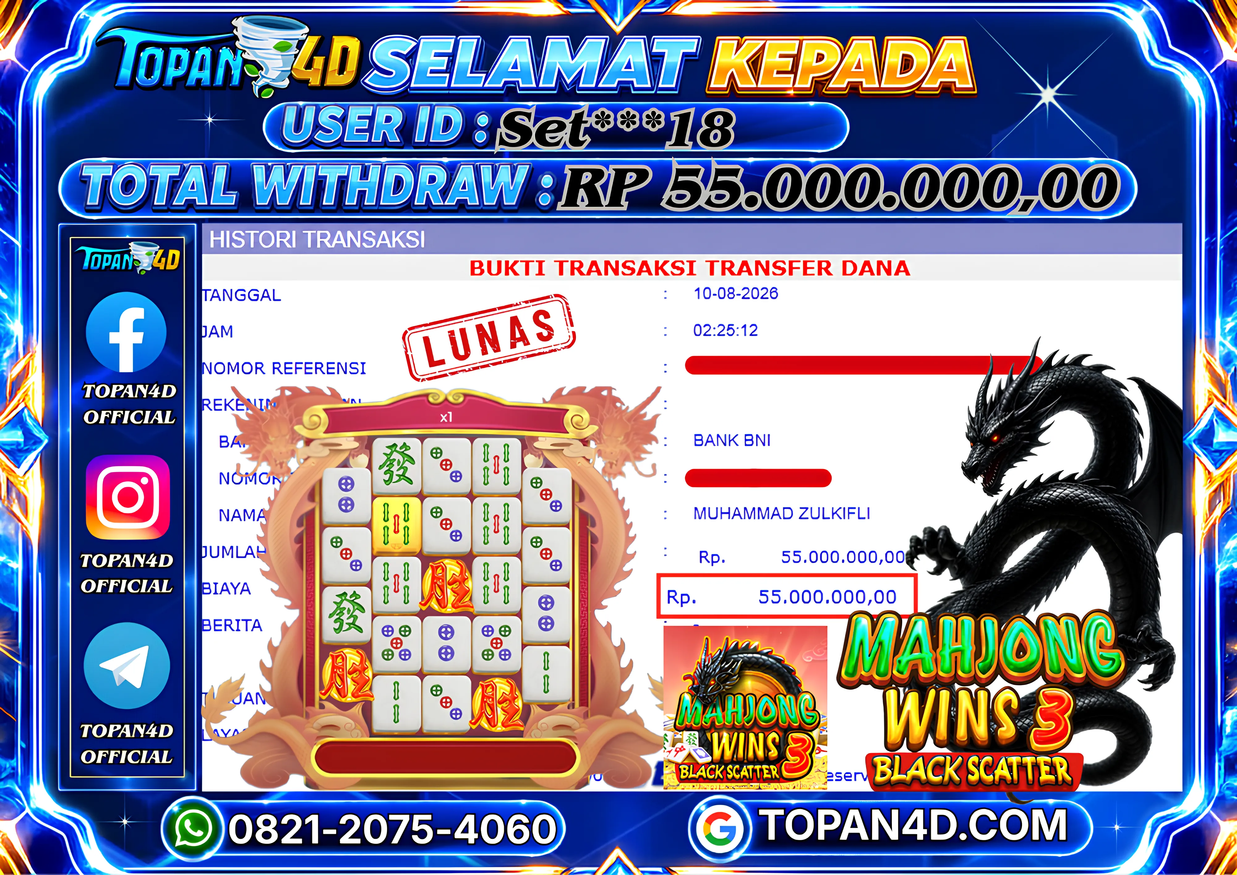 BUKTI KEMENANGAN MEMBER TOPAN4D - MENANG SLOT MAHJONG WINS 3 - BLACK SCATTER Rp. 55,000,000 - LUNAS!!