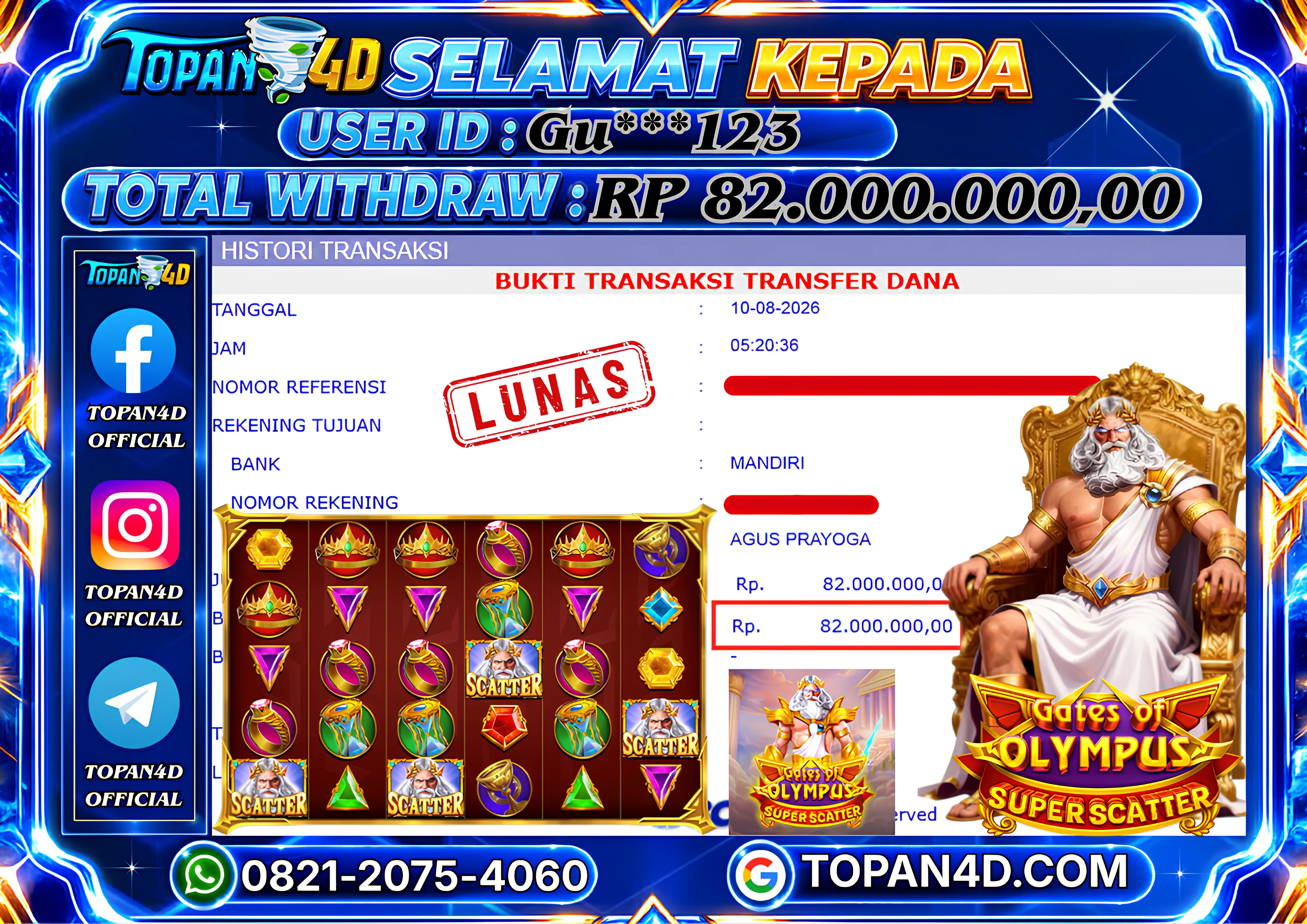 BUKTI KEMENANGAN MEMBER TOPAN4D - MENANG SLOT GATES OF OLYMPUS SUPER SCATTER Rp. 82,000,000 - LUNAS!!