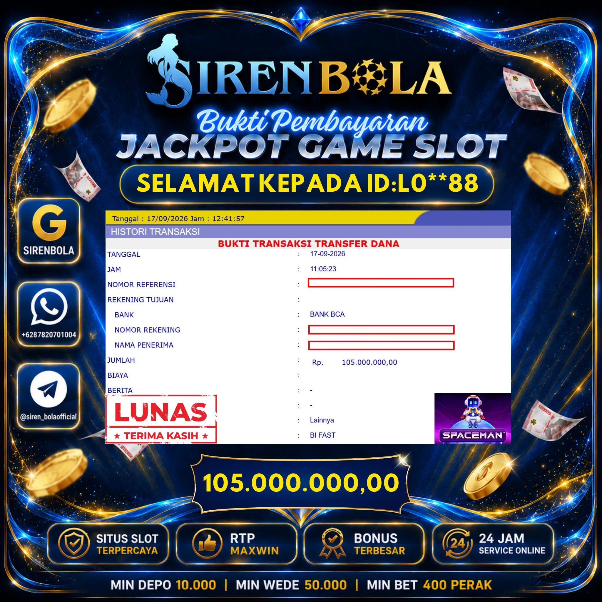 BUKTI JACKPOT 105 JT LUCKY PIGGY ( 17 SEPTEMBER 2026 ) LUNAS...